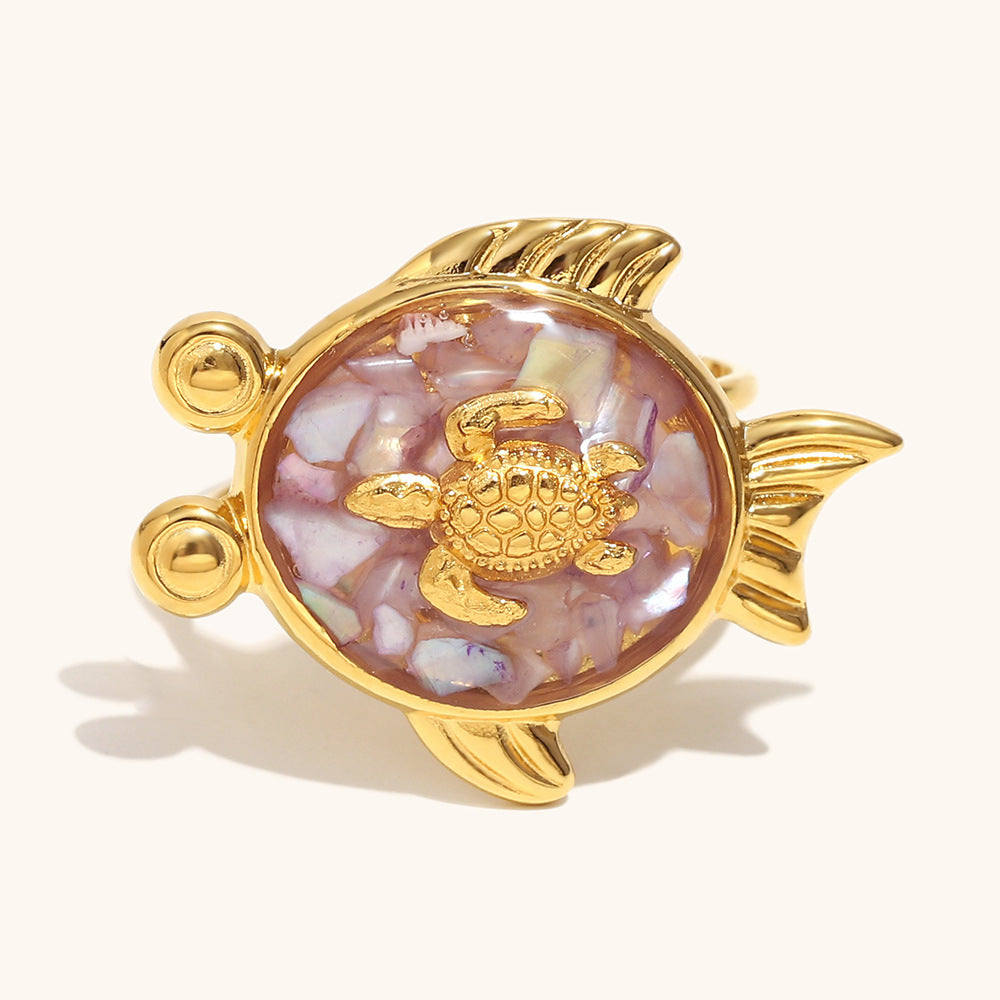 Purple mosaic turtle ring with ocean fish shape design