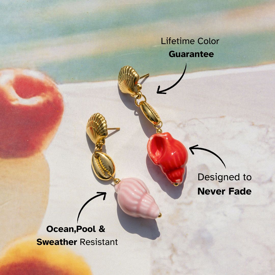 Gold cowrie shell earrings with pink and red conch-shaped pendants – waterproof tropical earrings for summer outfits