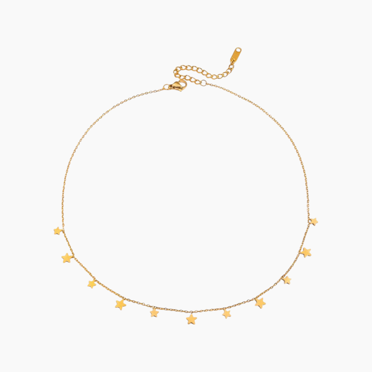 Gold necklace with star-shaped pendants on a white background