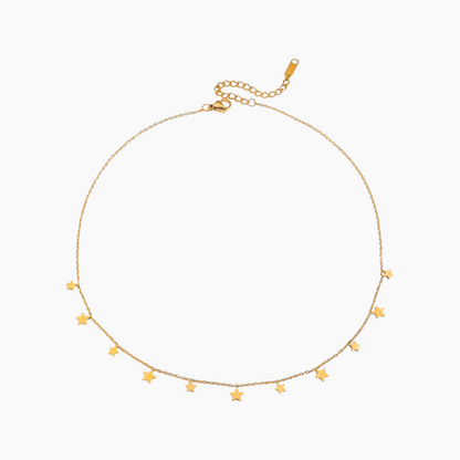 Gold necklace with star-shaped pendants on a white background