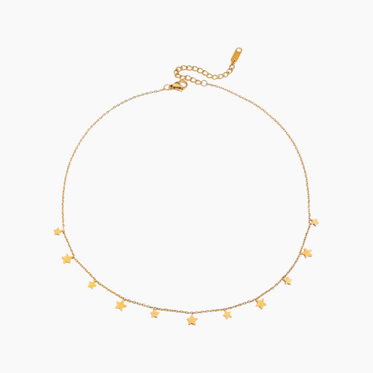 Gold necklace with star-shaped pendants on a white background