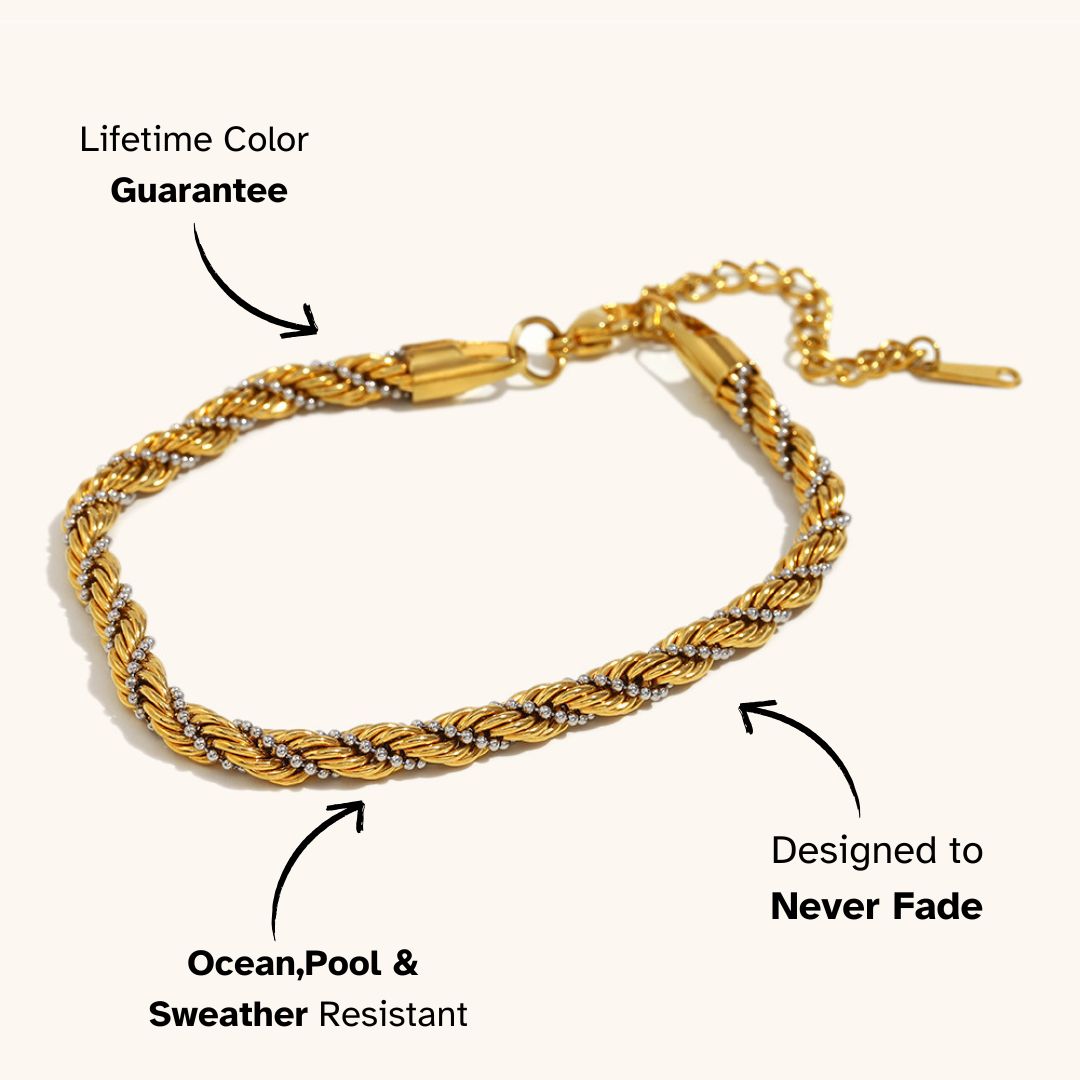 Two-tone rope chain bracelet with gold and silver twist design, styled for everyday European fashion lovers.