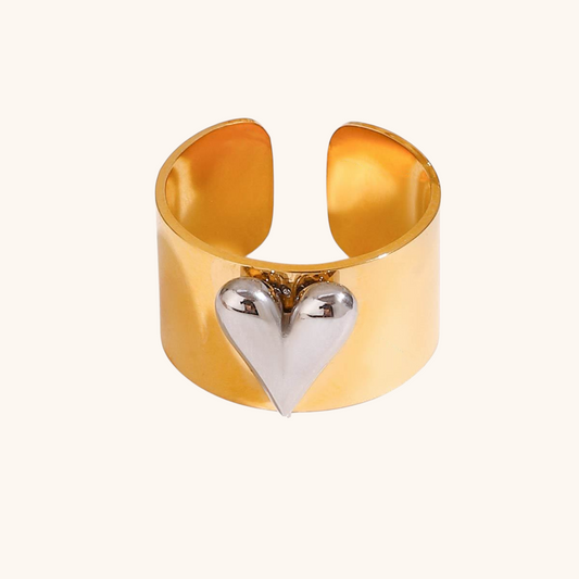 Silver and gold wide band ring with 3D heart detail