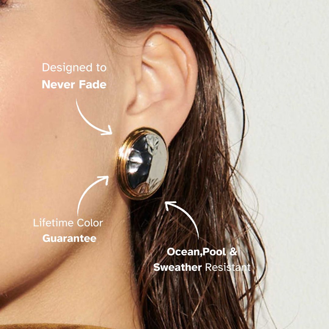 Silver and gold oval stud earrings with vintage dome shape and waterproof design, perfect for daily wear