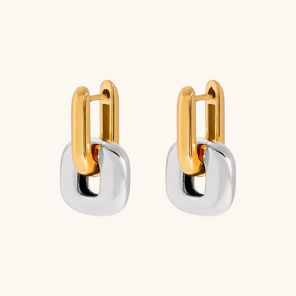Gold and silver double-link earrings with polished finish, product image on white background.