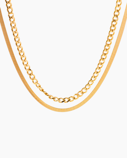 Two gold chain necklaces on a white background