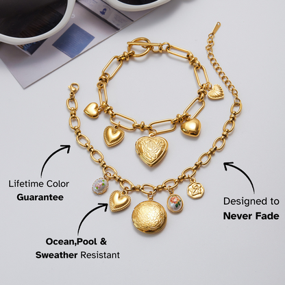 Two stacked heart locket bracelets with vintage floral accents