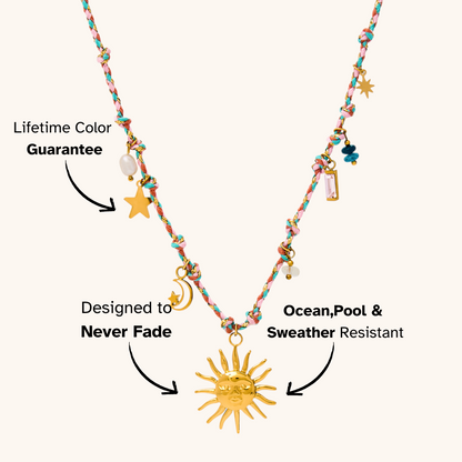 Summer beach jewelry with colorful woven string and charms