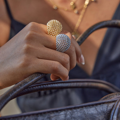 Gold and silver bubble dome rings with lifetime color guarantee
