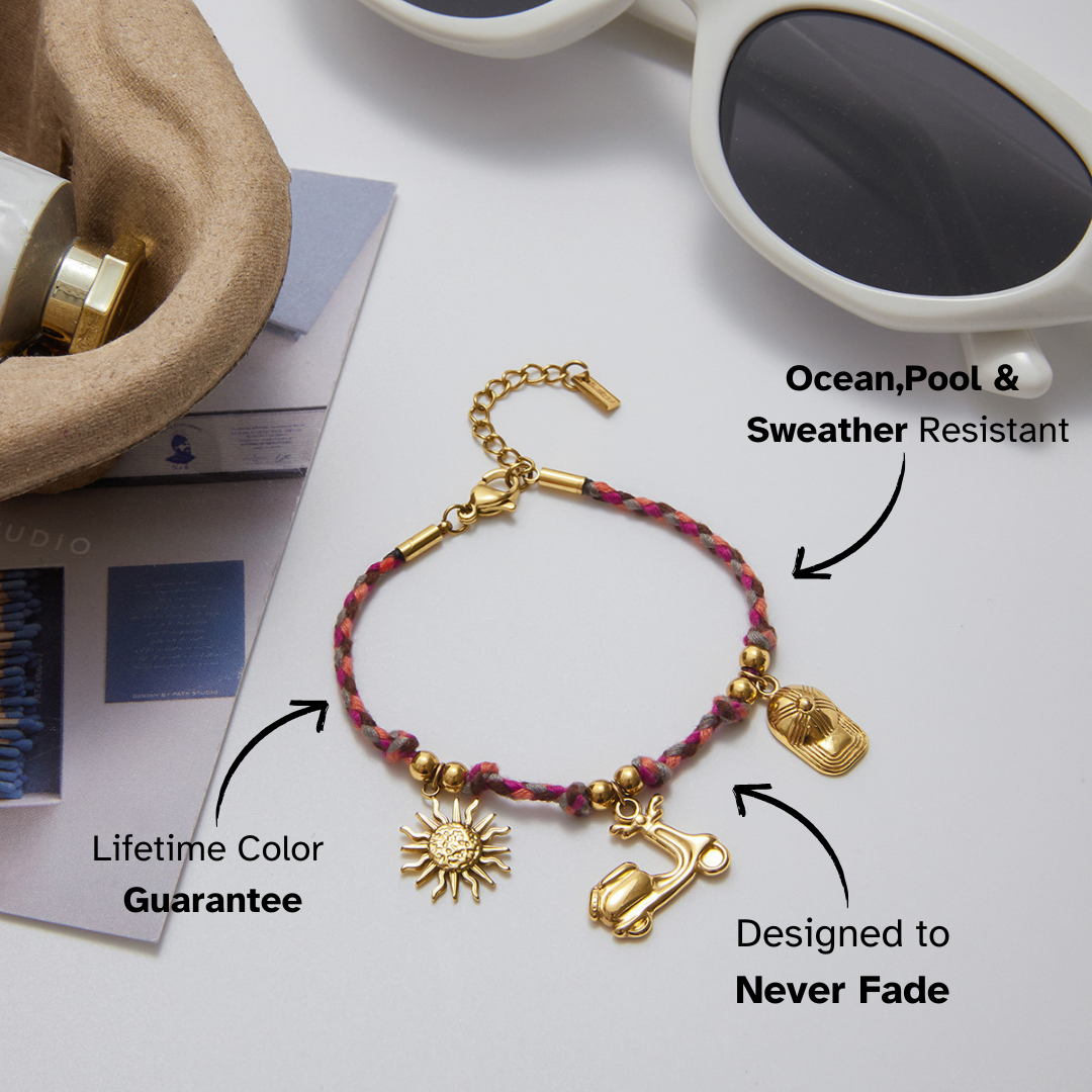 Stackable waterproof bracelet styled with summer outfits