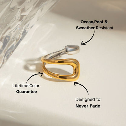 Contemporary open ring in gold and silver tones with fluid curves — adjustable, fade-resistant, perfect for trend-forward European women