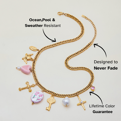 Necklace with hanging key, tulip, and pearl charms for beach wear