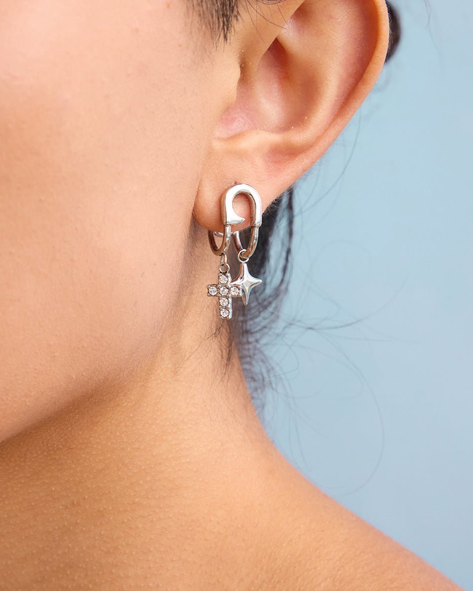 Asymmetric Star & Cross Safety Pin Earrings - mifjewelry