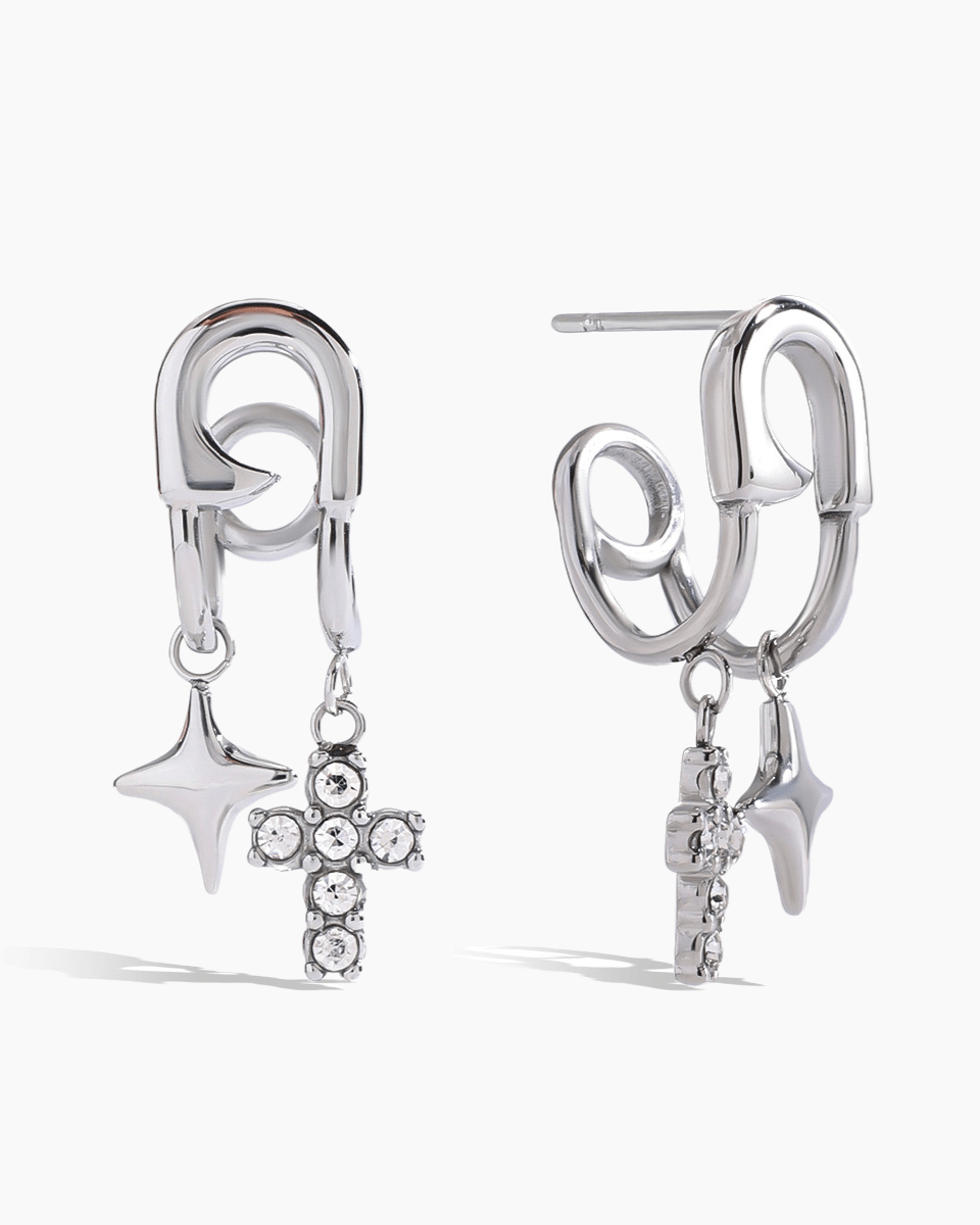 Asymmetric Star & Cross Safety Pin Earrings - mifjewelry