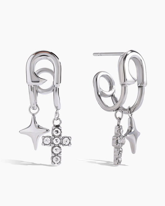 Asymmetric Star & Cross Safety Pin Earrings - mifjewelry