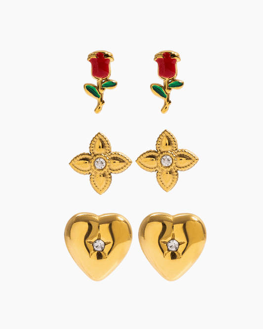 Blooming Heart Trio Stud Earrings - mifjewelry