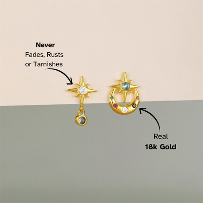 Gold celestial earrings featuring a moon and star design with multicolor zircon stones. Unique asymmetrical earrings for elegant styling.