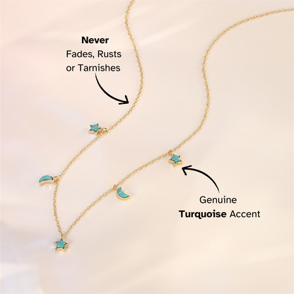 Dainty Moon and Star Necklace - Gold Plated 925 Sterling Silver with Turquoise, Trendy Minimalist Jewelry for Women