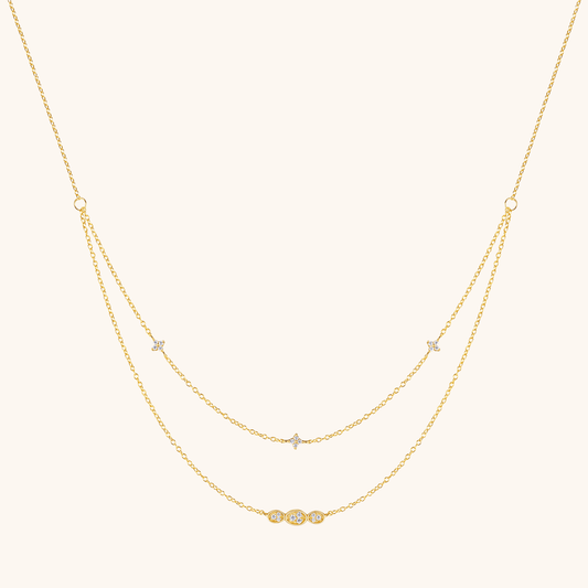 Double - Layer Clover and Oval Zirconia Necklace - mifjewelry