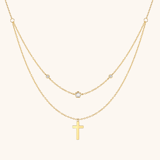Double - Layer Cross and Flower Pendant Necklace - mifjewelry