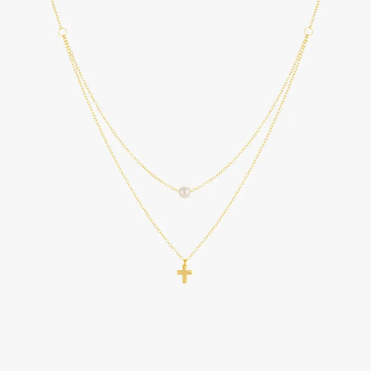 Double Layered Cross & Pearl Pendant Necklace - mifjewelry