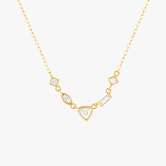 Gold necklace with geometric zircon pendants, unique modern design.