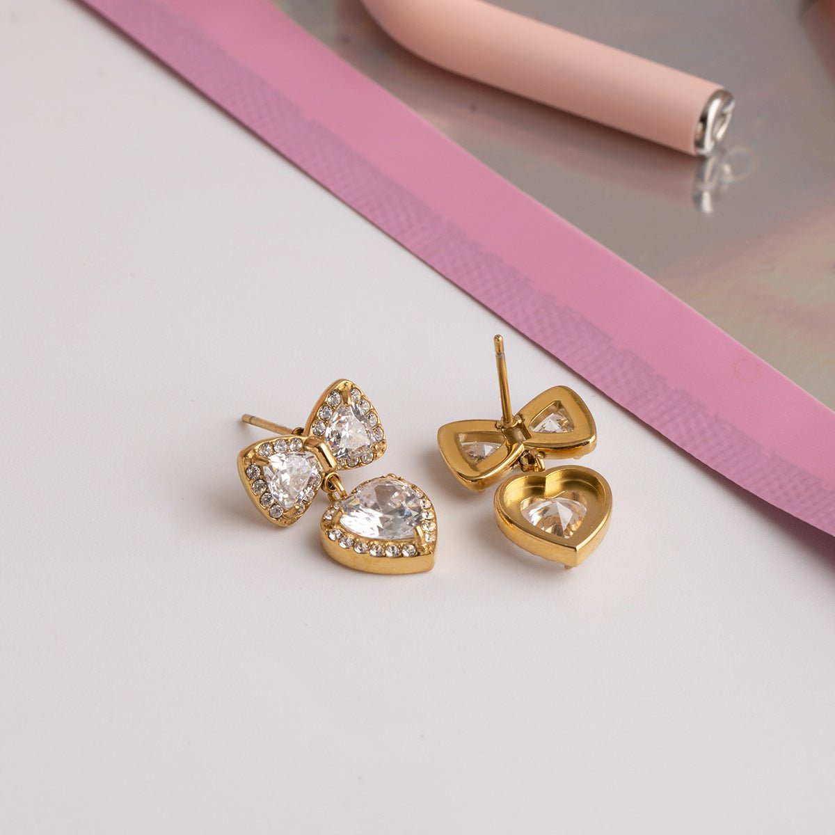 Glitter Bow & Heart Drop Earrings - mifjewelry