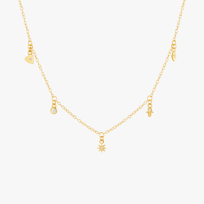 Gold necklace with hamsa, star, and heart-shaped charms, perfect for layering.
