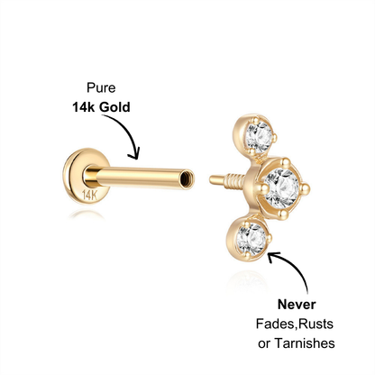 Elegant gold triple-stone labret earring with bezel-set cubic zirconia, perfect for stacking.