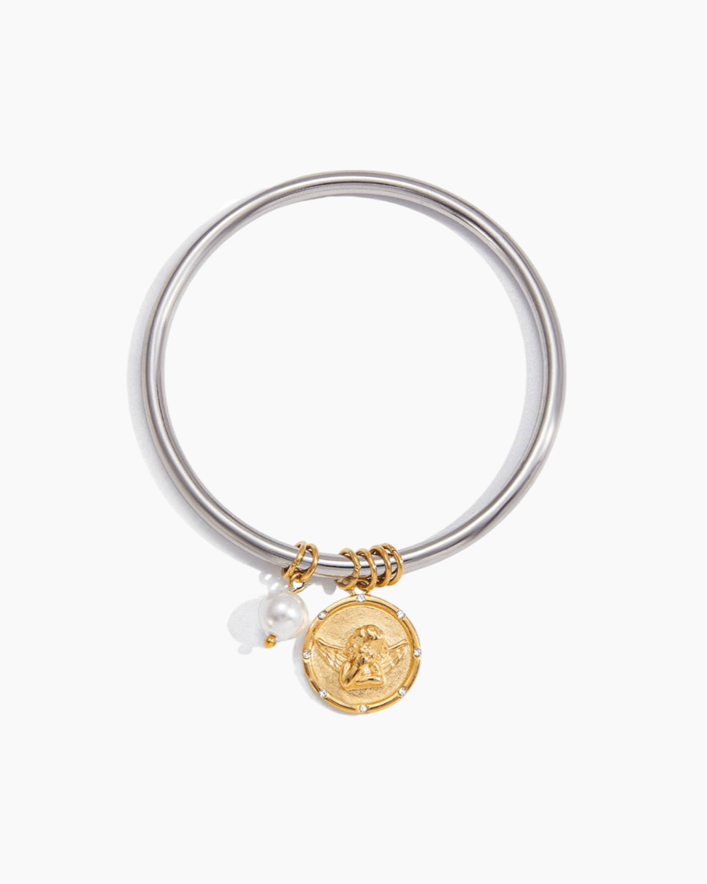 Golden Angel Medallion & Pearl Bangle Bracelet - mifjewelry