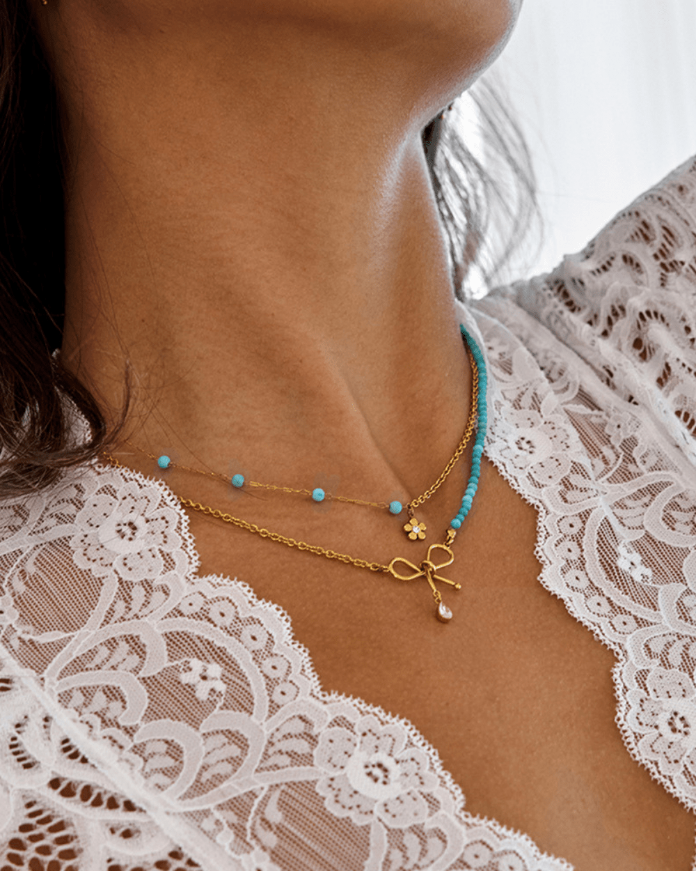 Golden Bow & Beaded Layered Necklace - mifjewelry