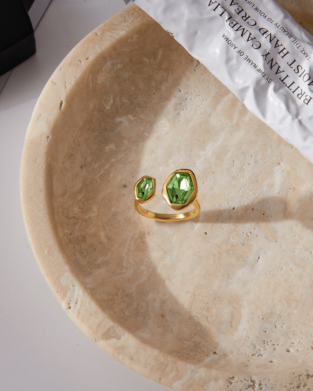Golden Open Ring with Green Crystal Duo - mifjewelry