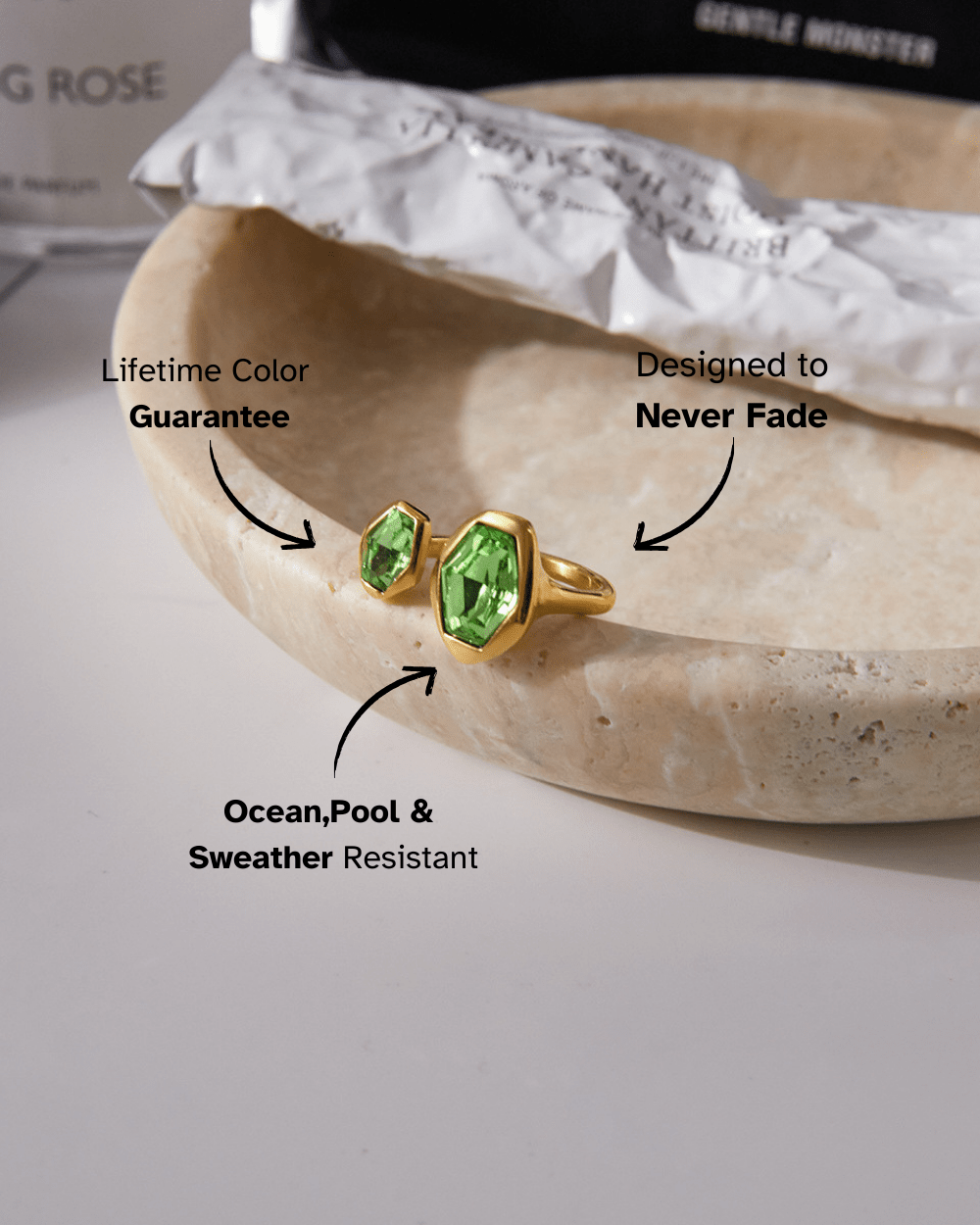 Golden Open Ring with Green Crystal Duo - mifjewelry