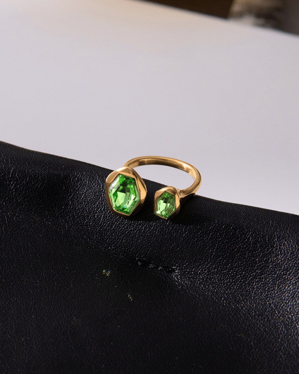 Golden Open Ring with Green Crystal Duo - mifjewelry
