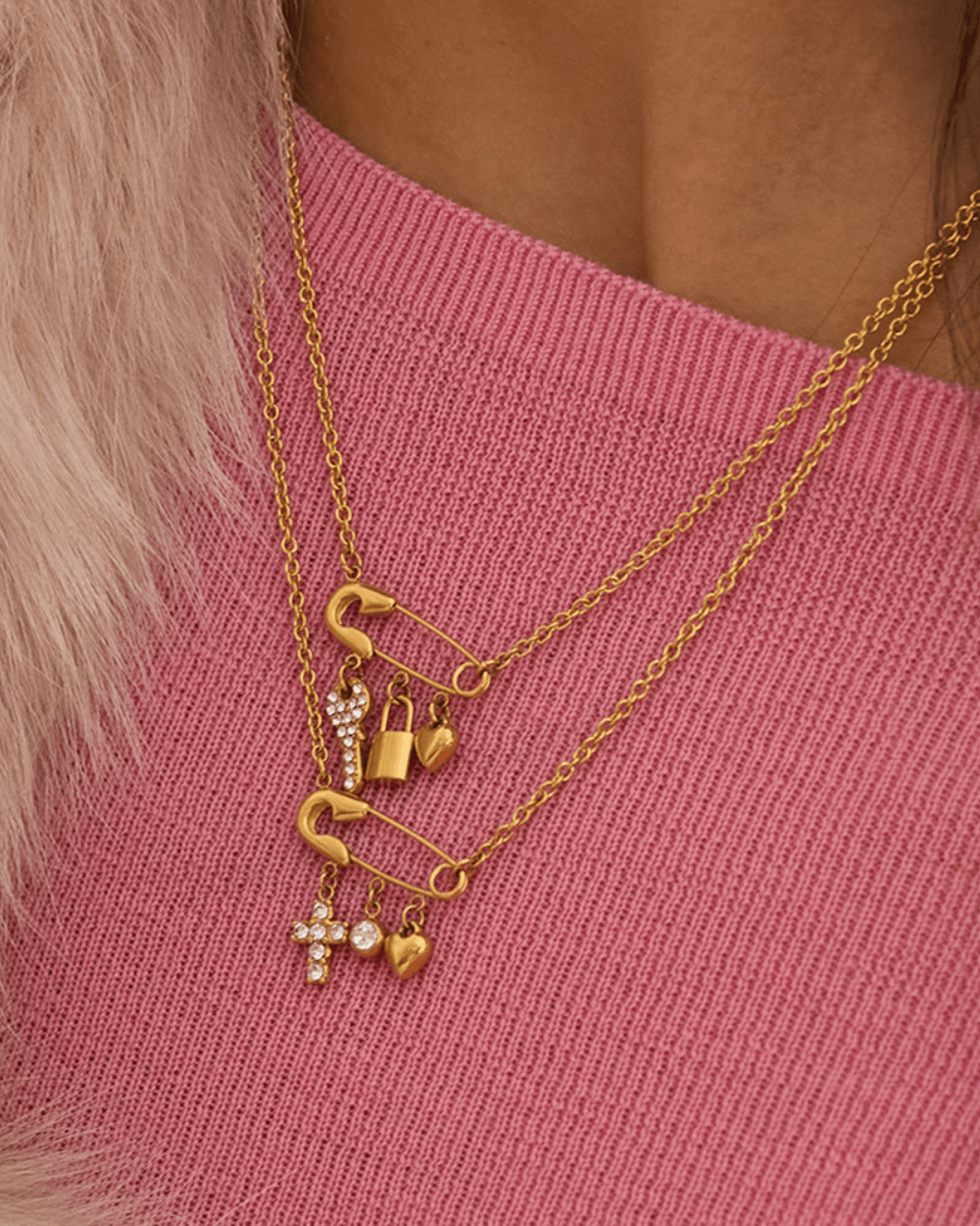 Golden Safety Pin Charm Necklace with Cross - mifjewelry