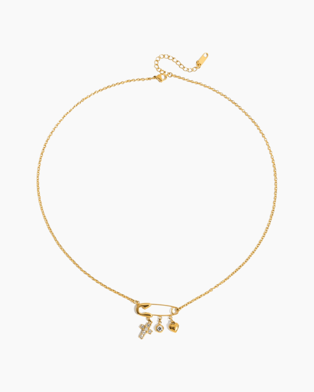 Golden Safety Pin Charm Necklace with Cross - mifjewelry