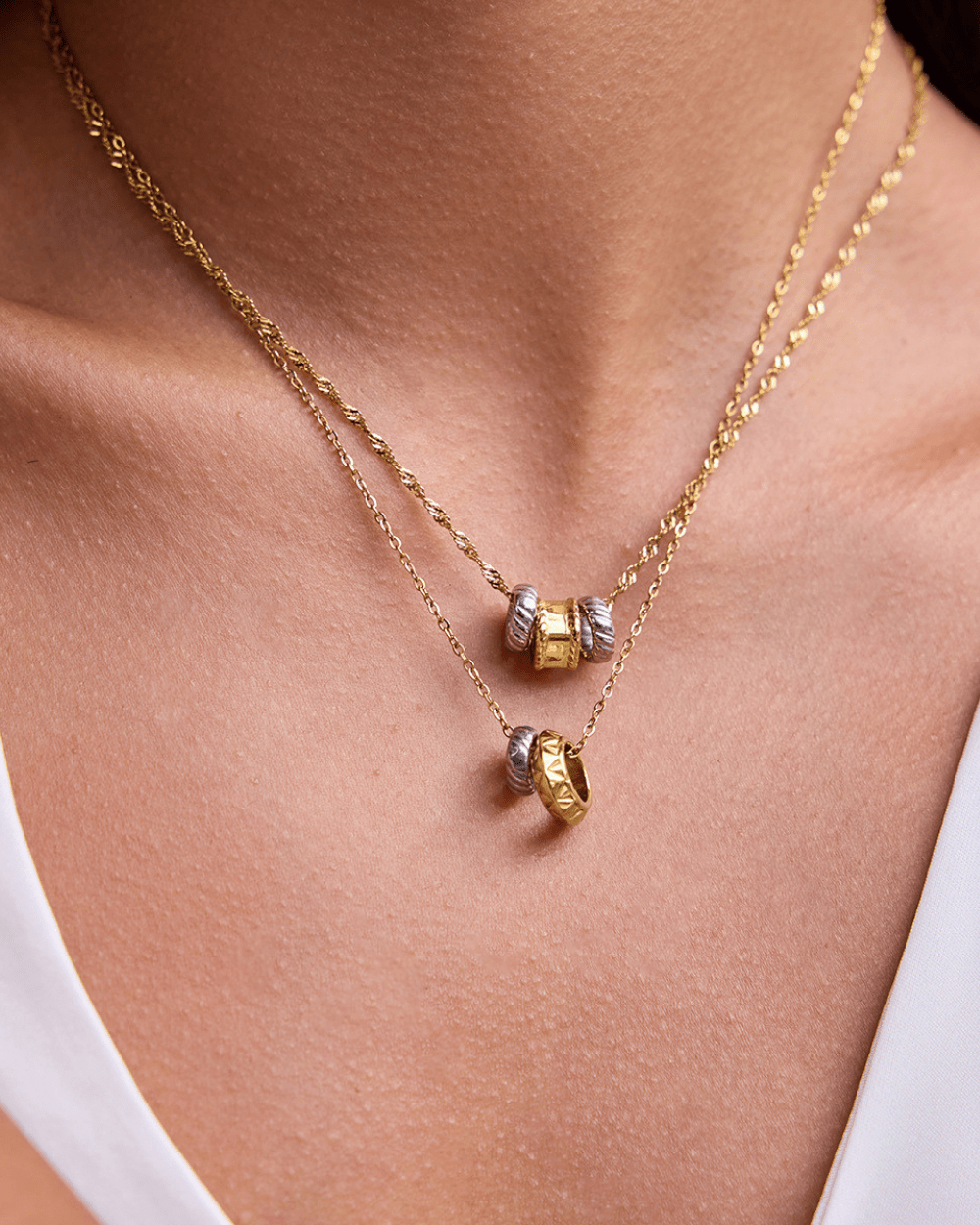 Golden Silver Duo Textured Bead Necklace - mifjewelry