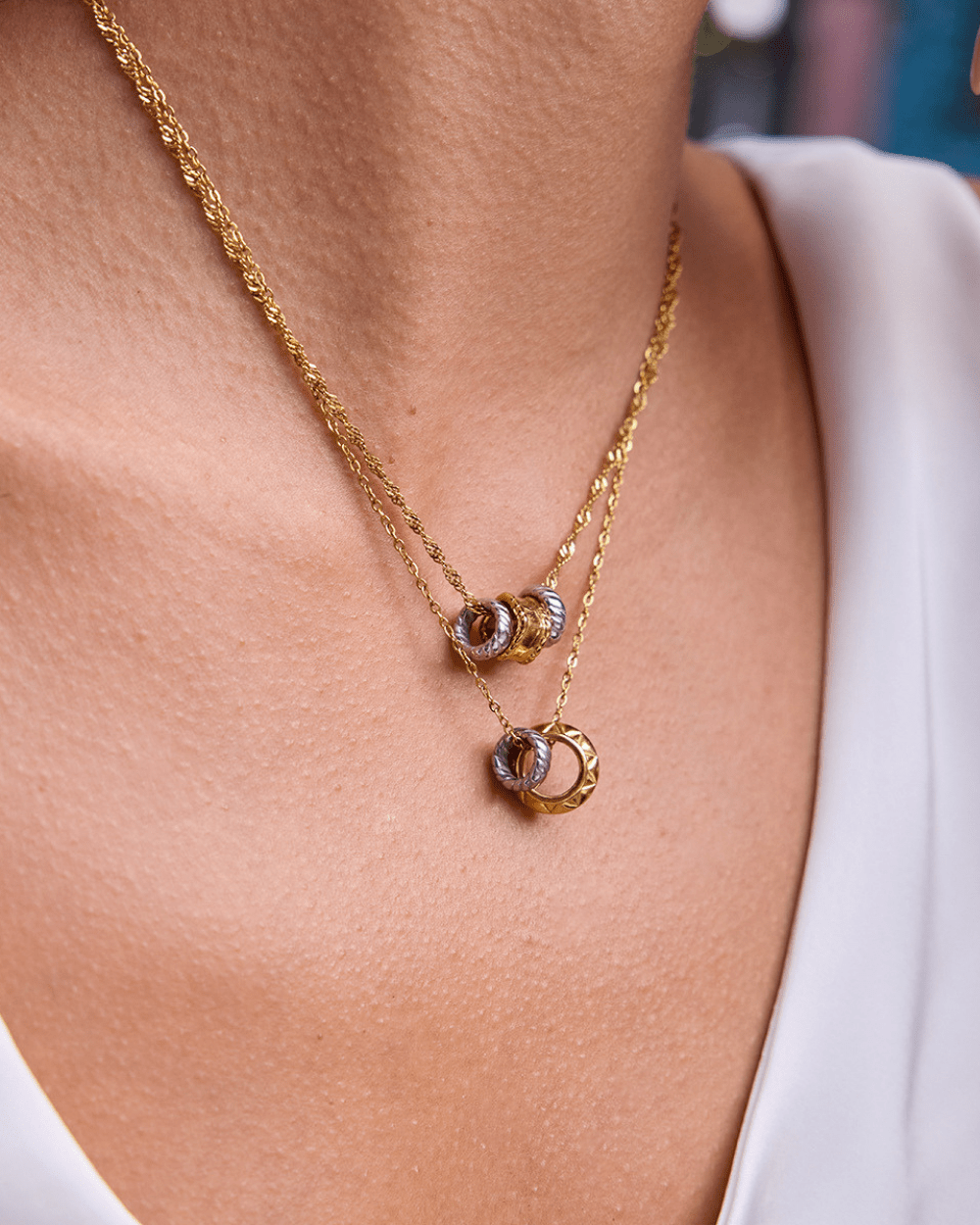 Golden Silver Duo Textured Bead Necklace - mifjewelry