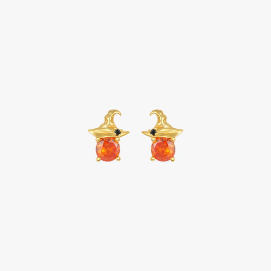 Halloween witch hat stud earrings in gold with orange stones