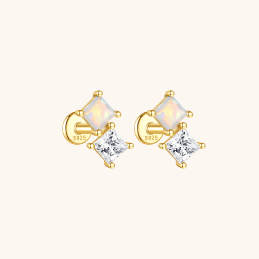 Opal & Zirconia Double Square Labret Stud Earrings - mifjewelry