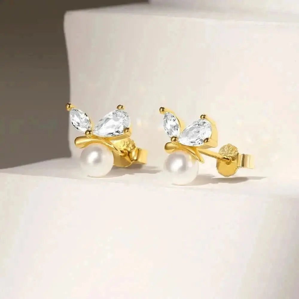 Pearl and Zirconia Leaf Stud Earrings - mifjewelry