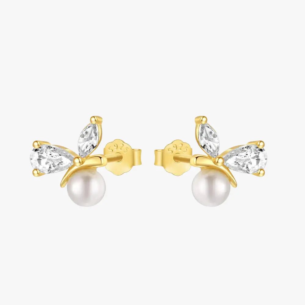 Pearl and Zirconia Leaf Stud Earrings - mifjewelry