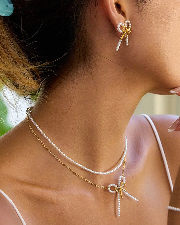 Pearl Bow Drop Earrings - mifjewelry