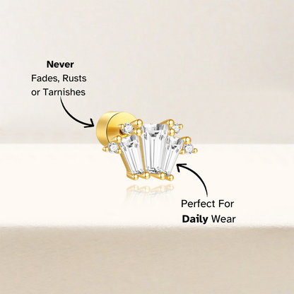 Elegant gold zircon stud earrings in S925 silver, featuring a fan design that adds sparkle to any look.