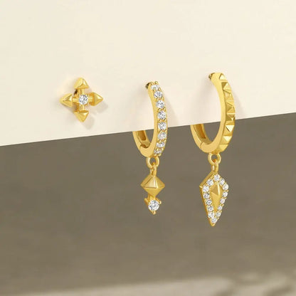 S925 stud diamond earrings and geometric hoop set, a perfect blend of elegance and style, ideal for formal and casual outfits.