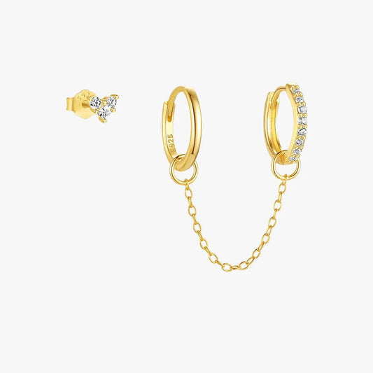 Star & Flower Zirconia Stud and Hoop Chain Earrings Set - mifjewelry