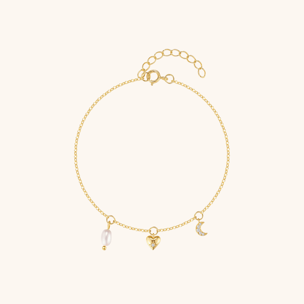 Sterling Silver Heart, Moon, and Pearl Charm Bracelet - mifjewelry
