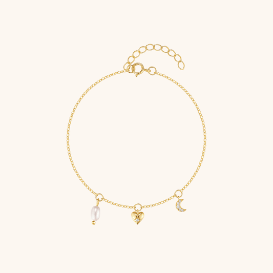 Sterling Silver Heart, Moon, and Pearl Charm Bracelet - mifjewelry