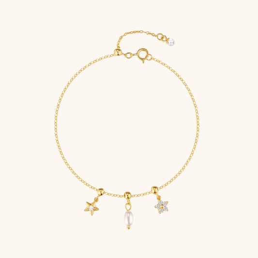 Sterling Silver Pearl Starfish and Flower Charm Bracelet - mifjewelry